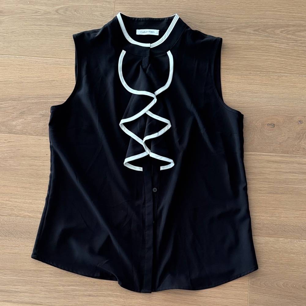 Calvin Klein Black Sleeveless Blouse with White Trim